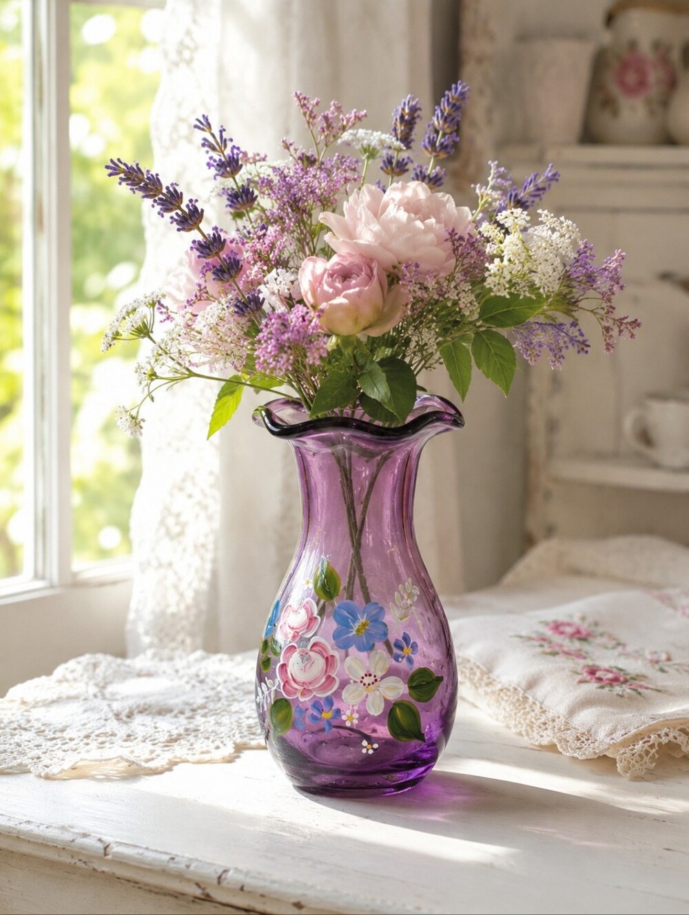 Fenton For Teleflora Amethyst Floral Vase Hand Painted Purple Glass 8"